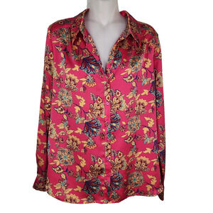 Pleione Shirt Womens Large Pink Floral High Low Button Boho Colorful Long Sleeve
